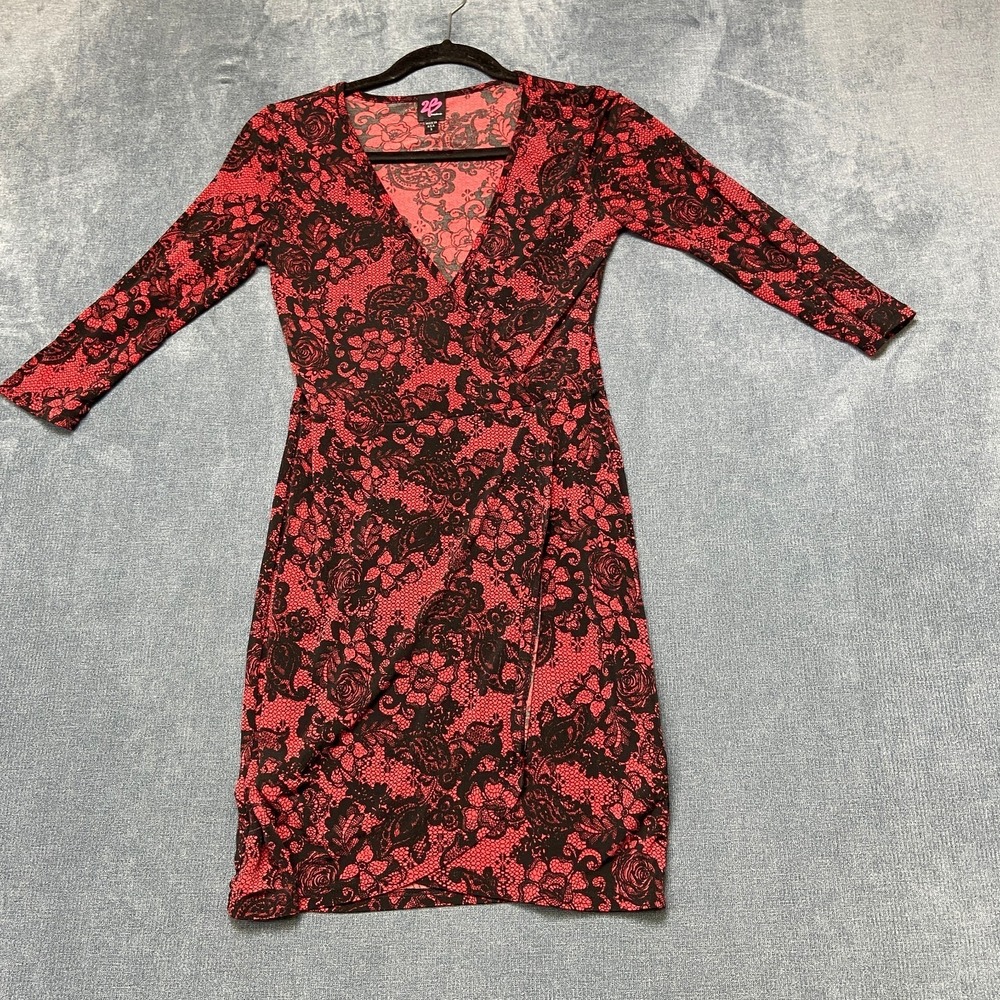 Bebe Wrap Dress Women's Small Red Black Floral Print Stretch V-Neck Pullover